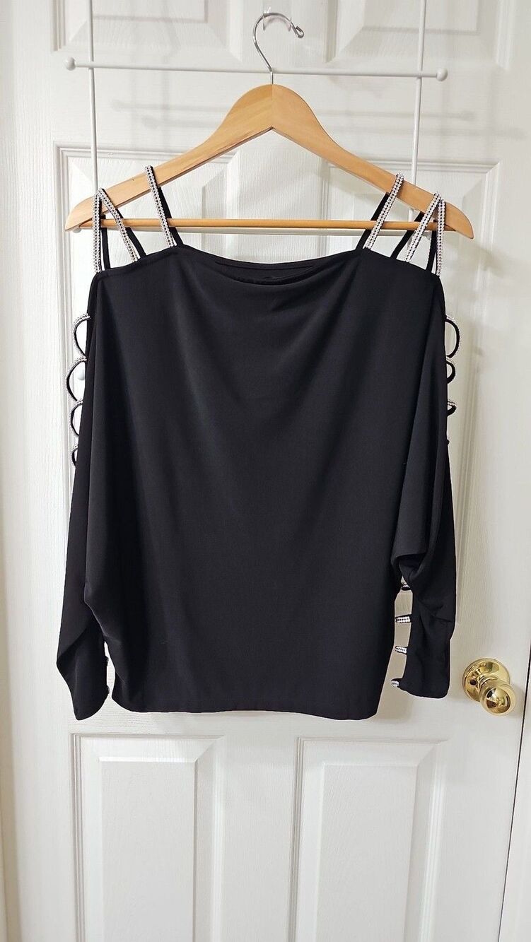 Venus Black Cold Shoulder Embellished Strap Long Sleeve Blouse Size M - Picture 3 of 4